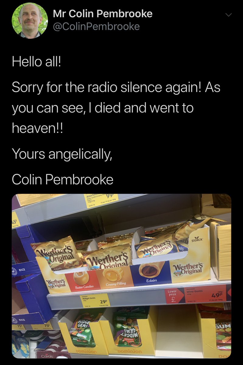 ColinPembrooke's tweet photo. Hello.

At 14:29 on 15 July 2019, I sent a tweet out regarding Werthers Originals (as pictured).  As you can see, I used a double exclamation mark in all the excitement, and for that offer my sincerest apologies.

I can, and I will, do better.

Yours regretfully,

Colin Pembrooke https://t.co/wZhRikwAHo