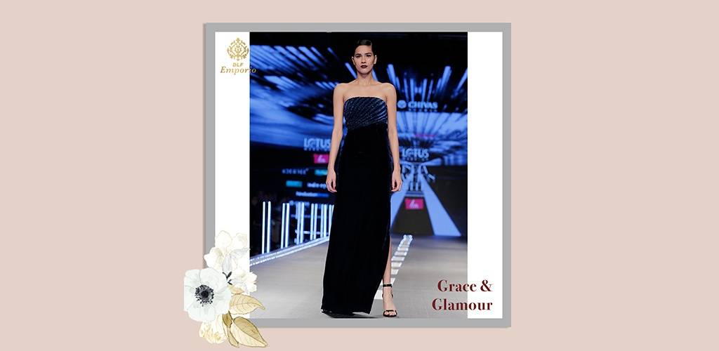 #Dress for the occasion in Namrata Joshipura’s off-shoulder contemporary dress. #Shop this look at DLF Emporio.