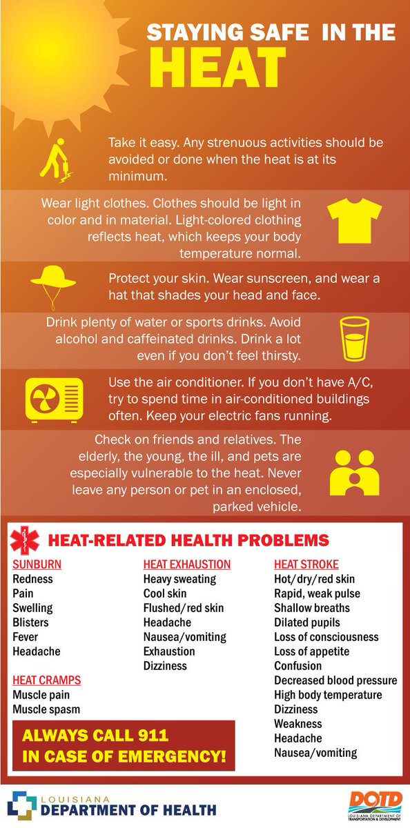La_DOTD's tweet image. #SafetyMonday - The heat is on. Be sure to know the signs of #Heatstroke, stay hydrated and watch out for loved one especially the young and old.