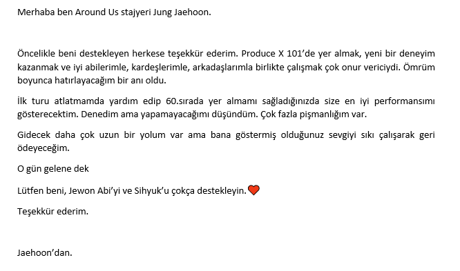 AUTraineeTR's tweet photo. [♥️] Jung Jaehoon’un bugün yayımlanan mektubunun çevirisi ~

#정재훈 #JungJaehoon #AroundUs #AroundUsTrainee #Arvely https://t.co/f1kaAlMNMa