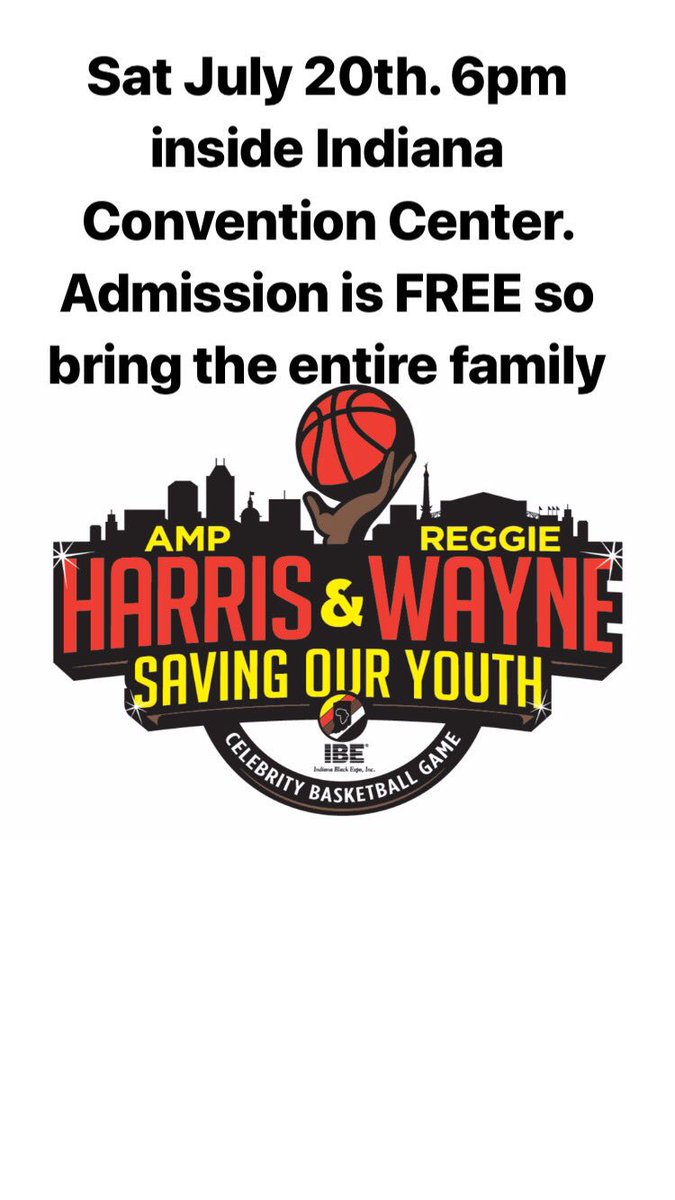 ampharris's tweet photo. This Sat 6pm inside Indiana Convention Center #AmpHarris and @ReggieWayne_17 “Saving Our Youth” Celebrity Basketball Game Free Admission @PrettyMill1 @ChristianKeyes @thedrewpowell https://t.co/hy0VyDE3Um