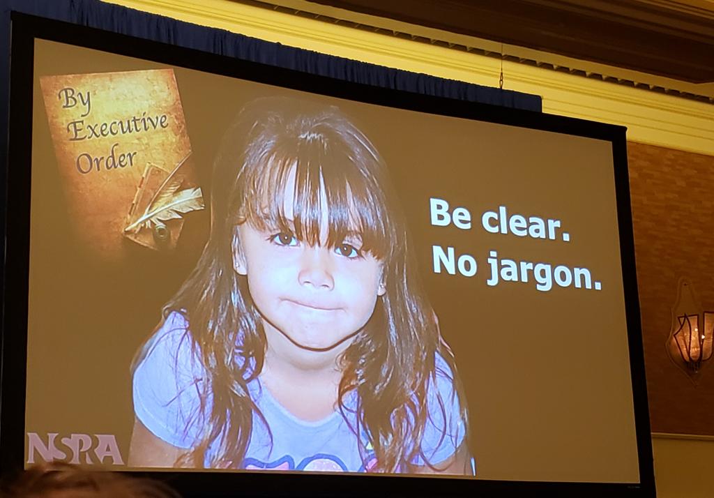 At <a href="/NSPRA/">NSPRA</a> opening session, we are cheering on executive orders, tongue-in-cheek, of course. This one calls for "jargonators" to make sure we are all communicating clearly and not using acronyms and other terms that confuse the public. Sign me up! #NSPRA2019