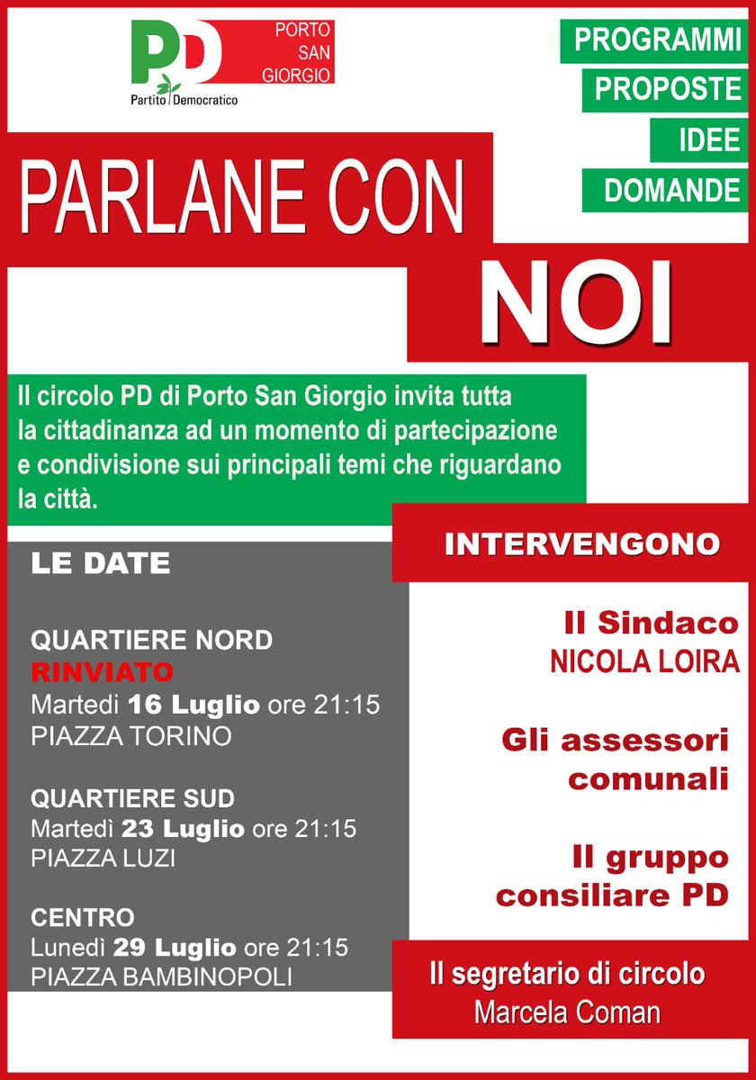 PD_PSGiorgio's tweet photo. Incontro di oggi 15 Luglio a Piazza Torino rinviato a domani causa maltempo. https://t.co/jnYjIihrQm