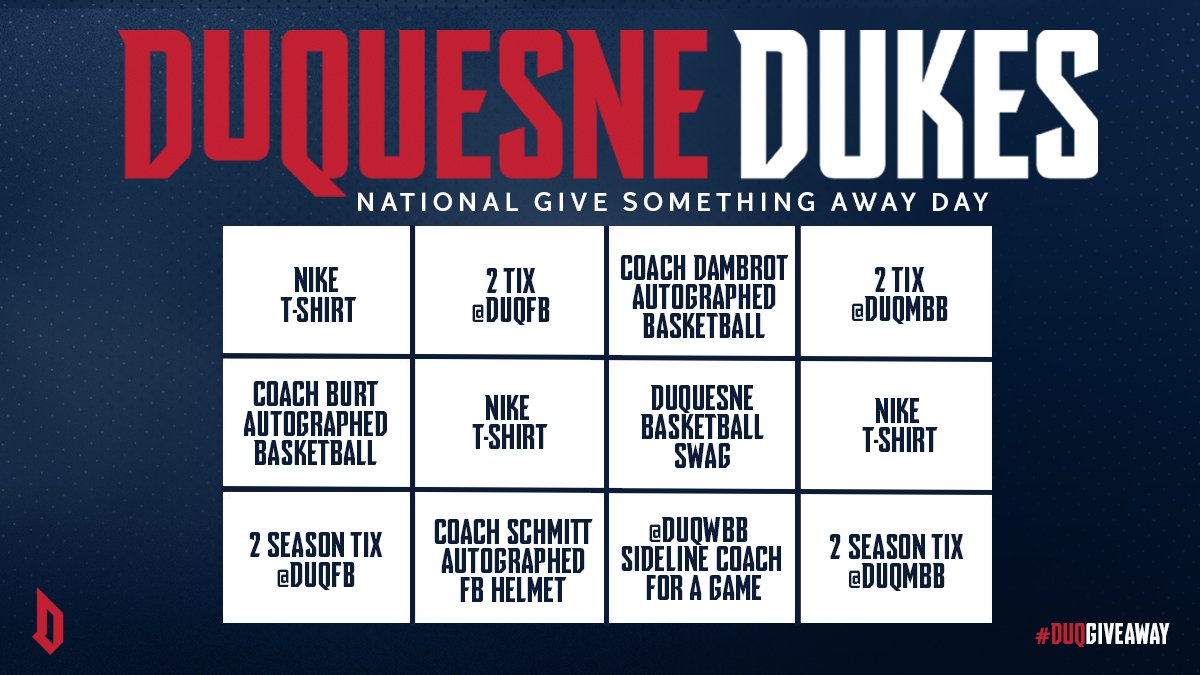 It's #NationalGiveSomethingAwayDay! 

Want to win some new apparel, tickets, or autographed gear? Here are the rules on how to enter to win!

1⃣Follow us
2⃣Retweet this tweet
3⃣Reply to tweet with prize you'd like to win with #DuqGiveaway

Winners announced 7/16 #GoDukes