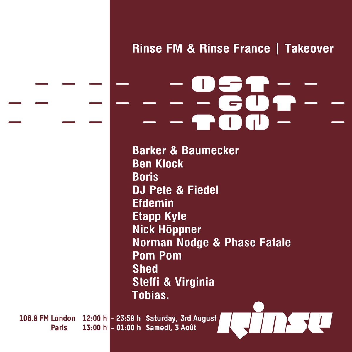 RinseFM's tweet photo. *INCOMING*
On Sat 3rd August we're linking up with @OstgutTon for one big takeover which will be simulcasted on @RinseFrance!

Special sets &amp; B2Bs from 12pm-12am BST!!

More good news >> Ostgut Ton Nacht at @berghain, August 9, 10 &amp; 11 – more info >>> https://t.co/0HRPrAaN32 https://t.co/aRQzWaptml