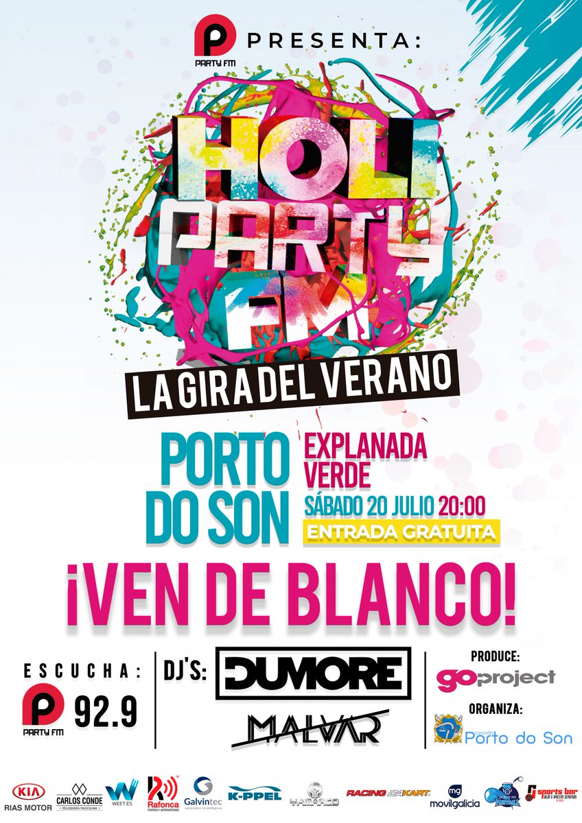 🎉🥳🎉  𝓗𝓸𝓵𝓲 𝓟𝓪𝓻𝓽𝔂 𝓕𝓜 🎉🥳🎉
A xira que encherá de cor o verán chega a #PortoDoSon cos DJs <a href="/AlvaroMalvar/">Malvar</a>
 e @paolodumore. ENTRADA GRATUÍTA, pero lembra vir de branco: a cor xa o poñemos nós❗️
💥 20 de XULLO ·  20H. · Explanada Verde 💥
👉 <a href="/partyfmradio/">PARTY FM RADIO</a> #HoliPartyFM