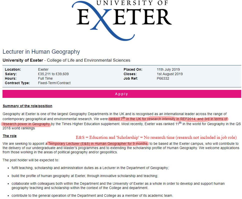 Egregious:
Promoting research excellence <a href="/ExeterGeography/">ExeterGeography</a> in advert for 9 months teaching

Research 'excellence' is built on the backs of exploitative contracts

When is this teacher going to do *their* research?
The summer? When they're not employed?

<a href="/acaprecariat/">the academic precariat</a> <a href="/UCUAnti_Cas/">UCU Anti-Casualisation Committee</a>