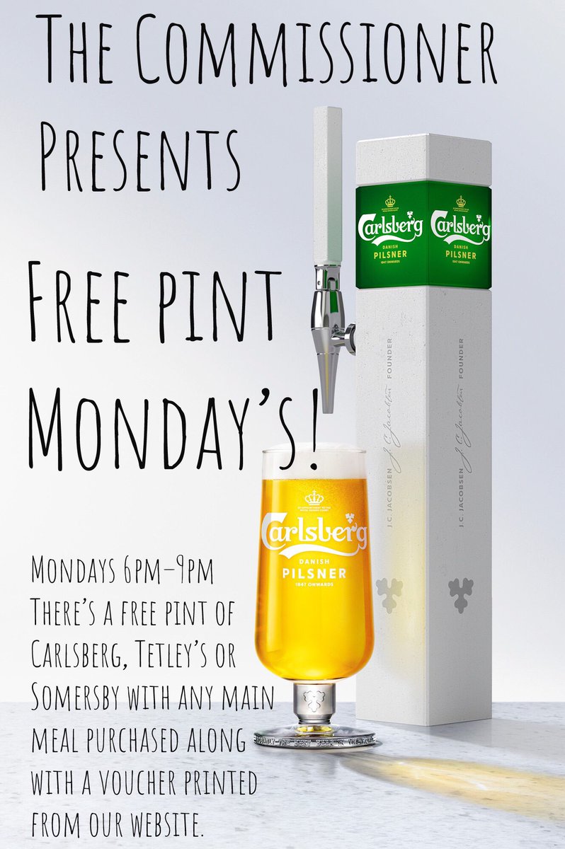 🍻 FREE BEER! 🍻

No it’s not April 1st, print a voucher from our website bring it to the pub between 6pm - 9pm on a Monday night, purchase a main course and we will give you a pint of either Carlsberg Pilsner, Tetley’s or Somersby.
commissionersquayinn.com/special-offers/