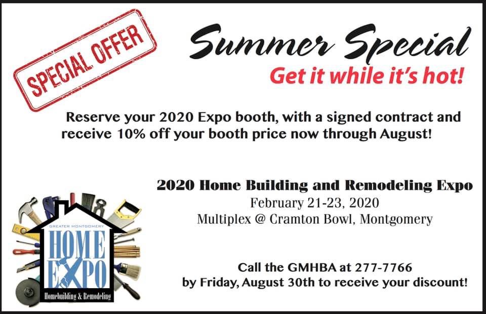 GMHBA1's tweet photo. Our Summer Special for the 2020 Home Building and Remodeling Expo is underway! Reserve your booth now through August, and receive 10% off your booth price! Call the GMHBA at 334-277-7766 by Fri. Aug. 30. 
#homebuilding #remodeling #expo #homeexpo #newconstruction #homebuilders https://t.co/p3j7mZZC8r