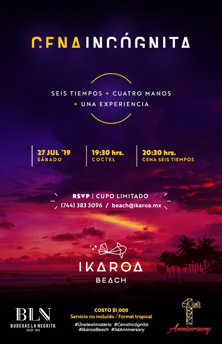 JavierReynada's tweet photo. A 12 días de realizar nuestra 8va @cenaincognita estamos ya listos para esta nueva puesta en escena.
En esta ocasión celebraremos el 1er aniversario de Ikaroa Beach Club #Acapulco en un marco singular.
6 tiempos, 4 manos, 2 chefs, 1 experiencia.
#UneteAlMisterio https://t.co/s8519VWbxm