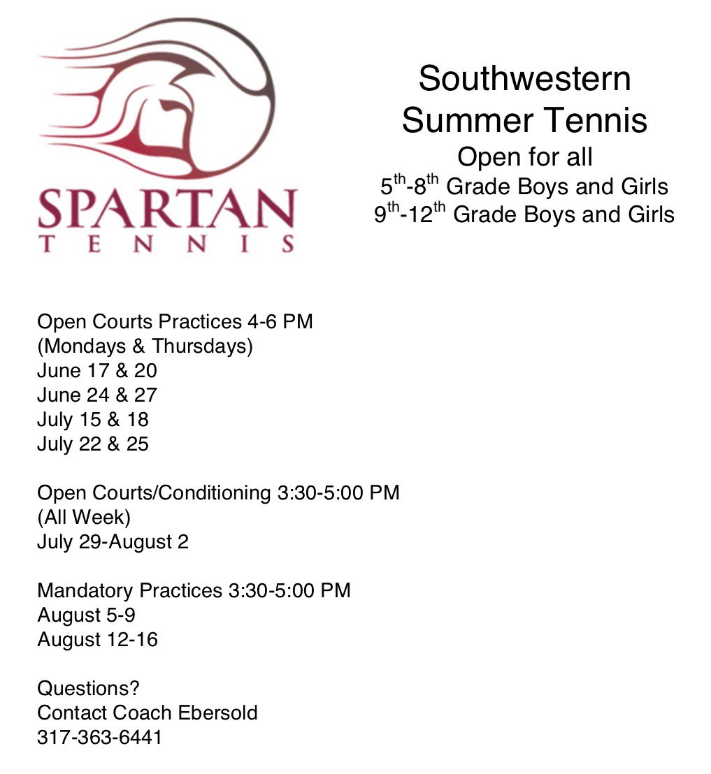 brian_ebersold's tweet photo. Spartan Tennis Practices resume this afternoon @ 4PM.  
Any Spartan in grades 5-8 and 9-12 are encouraged to come out. https://t.co/iyQCmDlNM2