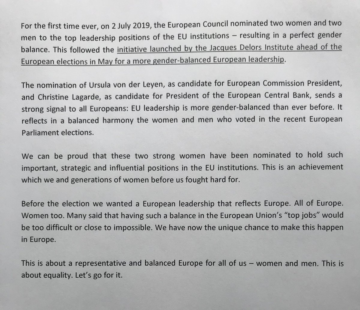 MEP’s : Don’t miss this historic opportunity to make gender balance in EU top jobs a reality. #BalancedEurope #NowItsForReal 
<a href="/vestager/">Margrethe Vestager</a> <a href="/vonderleyen/">Ursula von der Leyen</a> <a href="/Europarl_EN/">European Parliament</a> <a href="/DelorsInstitute/">Jacques Delors Institute</a>