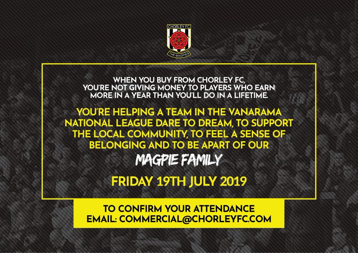 chorleyfc's tweet photo. The gates of Victory Park are being flung open for existing, new and potential sponsors on Friday (7pm) for a SPONSORS EVENING, complete with @jamievermiglio and chicken curry 👍👍

Full details ➡️ https://t.co/x4WP60mWMz #MagpieFamily https://t.co/cXz1oWAG48