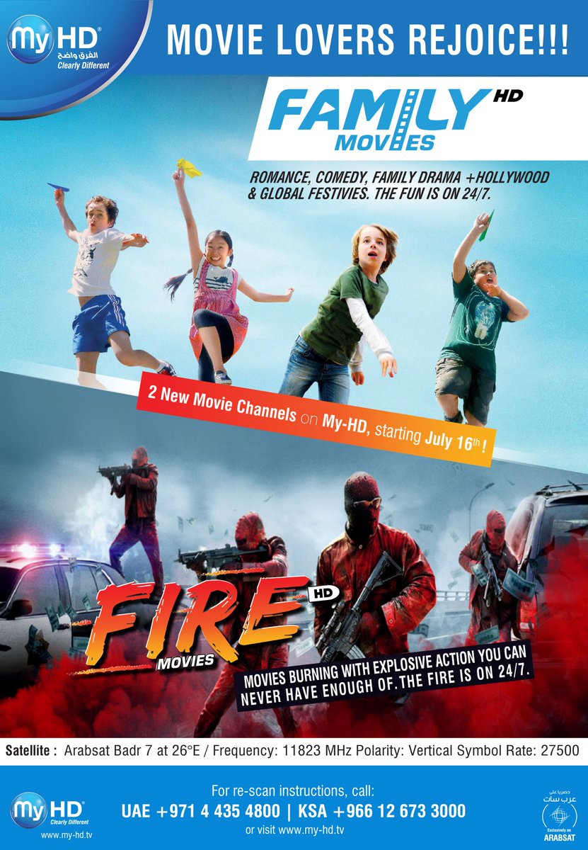 MyHD_official's tweet photo. 2 NEW MOVIE CHANNELS are launching tomorrow on MyHD platform, namely FAMILY MOVIES HD, and FIRE MOVIES HD. Call customer service +971 4 435 4800 for more details. https://t.co/SWUkxg8y3B