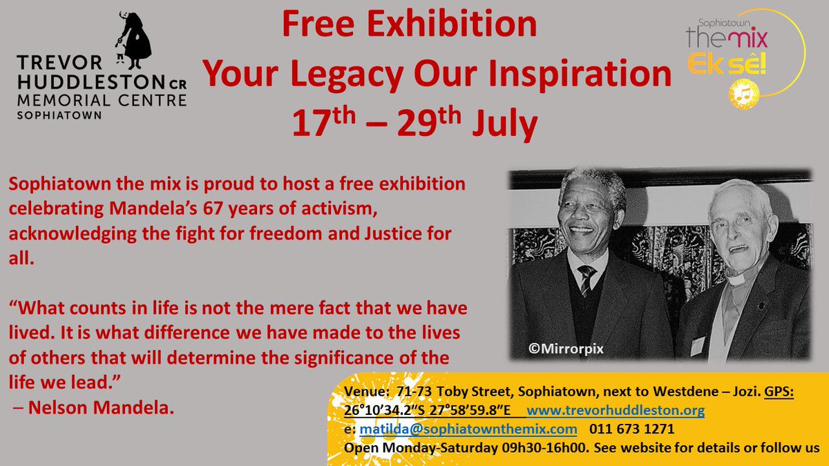 softown_theMix's tweet photo. Sophiatown the mix is hosting a free exhibition celebrating Mandela’s 67 years of activism, acknowledging the fight for freedom and Justice for all.

Cost: FREE!

For more insight on the History of Sophiatown 
book a tour with us on:
083 550 7130
rinkie@sophiatownthemix.com https://t.co/YyHaIuHR1x