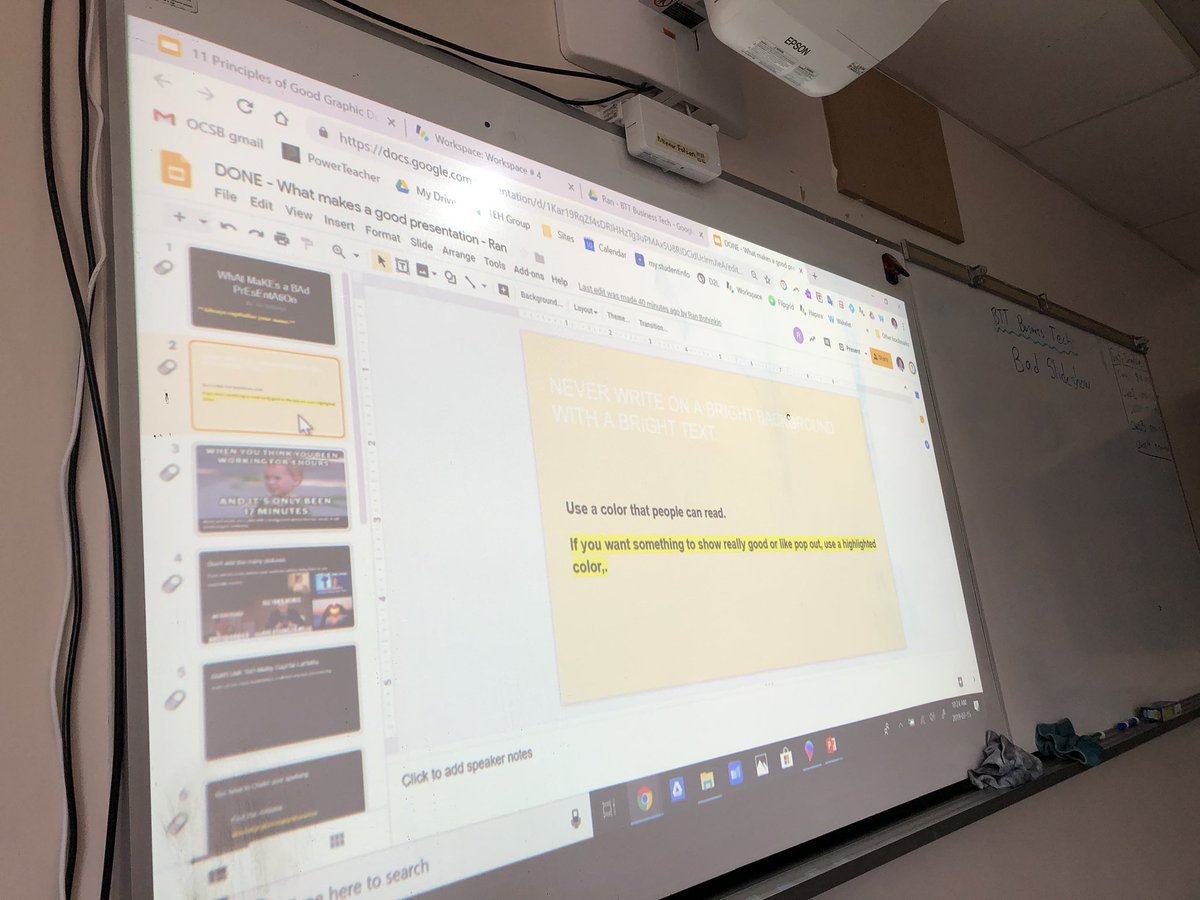 TristanNuyens's tweet photo. What makes a good presentation vs a bad one? Can you tell the difference?? Students are having fun making ‘What NOT to do’ presentations on Google Slides in Business Technology #BTT2O #ocsbSummerSchool2019 @DarBorland @CapoOttawa https://t.co/JNOwaR2iJS