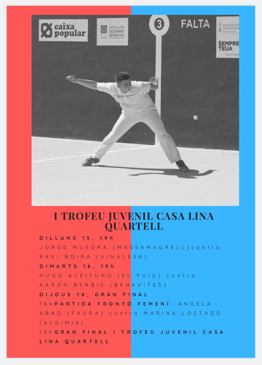 Aquesta vesprada a Quartell jugarà el nostre alumne Xavi Boira un atractiu campionat de promeses. Sort i a gaudir! #pilotavaleciana