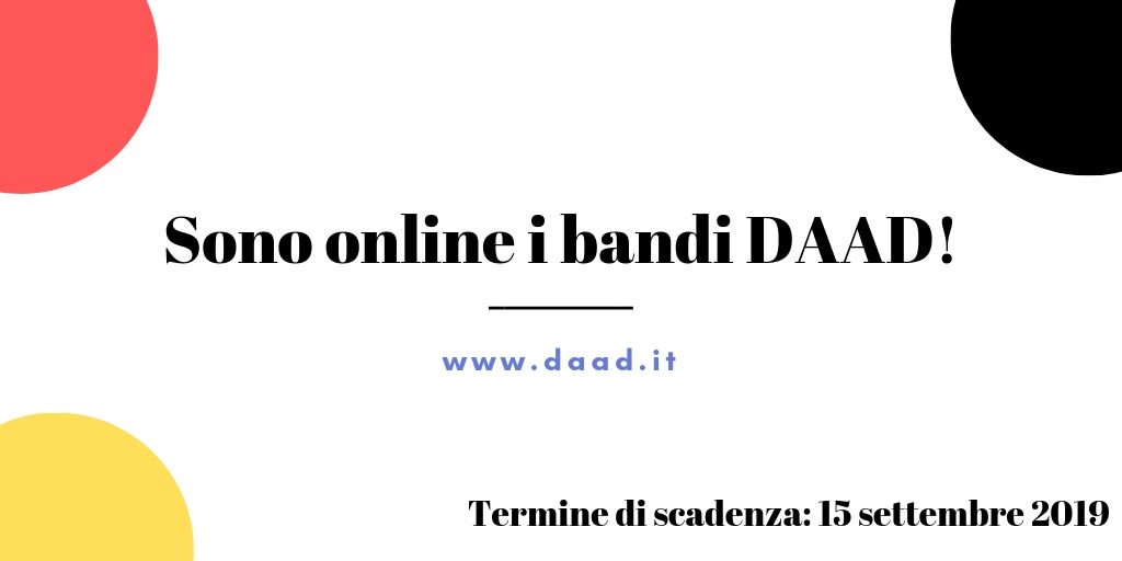 Sono online i programmi del #DAAD:
- Borse brevi di ricerca
- Soggiorni di ricerca per professori e ricercatori
- Nuovi inviti per Alumni

📌Scadenza: 15 settembre 2019 
Per maggiori informazioni, consultate la pagina preposta:
daad.it/it/29910/index… …