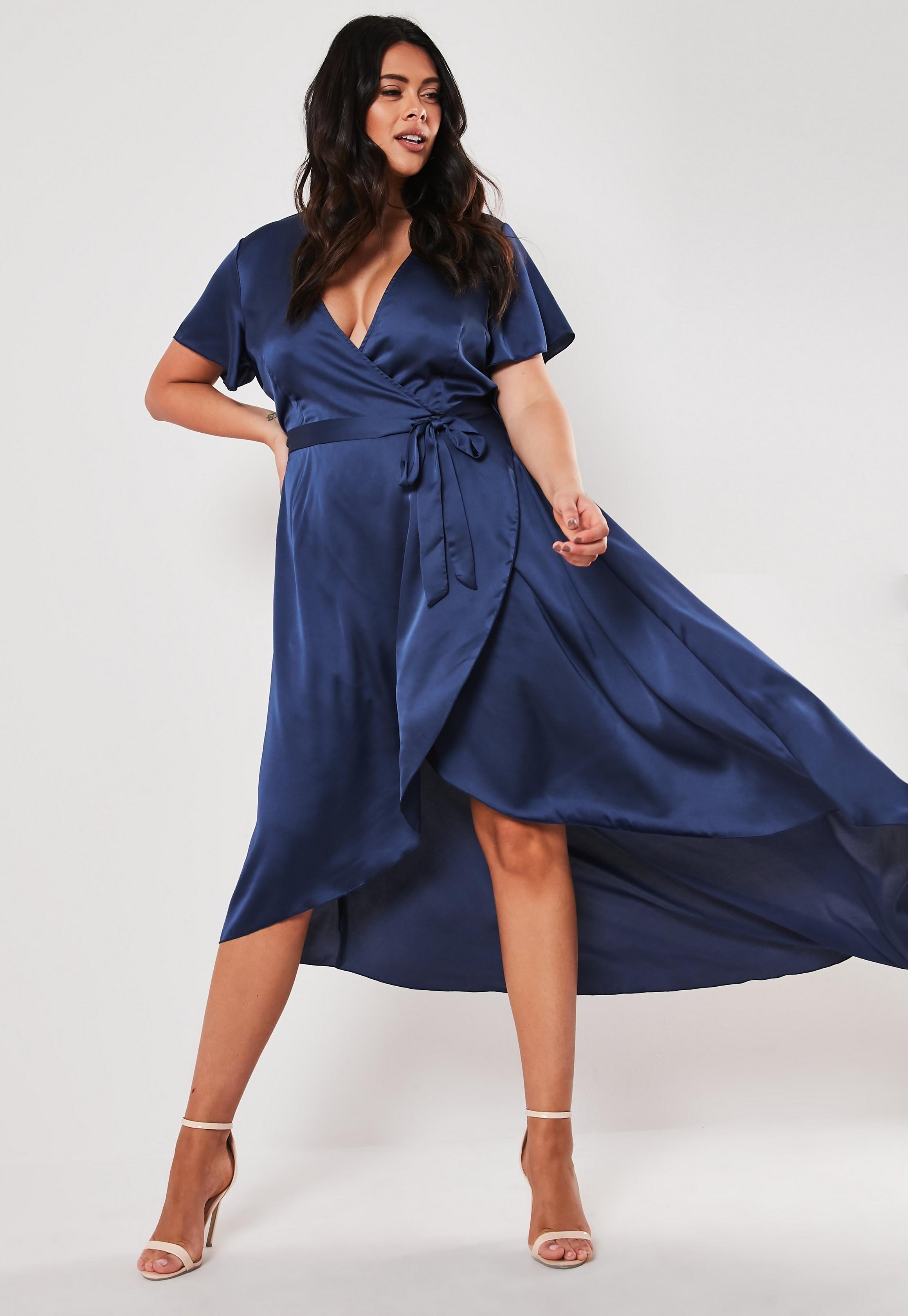 Missguided on X: Another wedding look for our curve babes is the 'plus  size navy satin wrap maxi dress' 💙  #missguided   / X