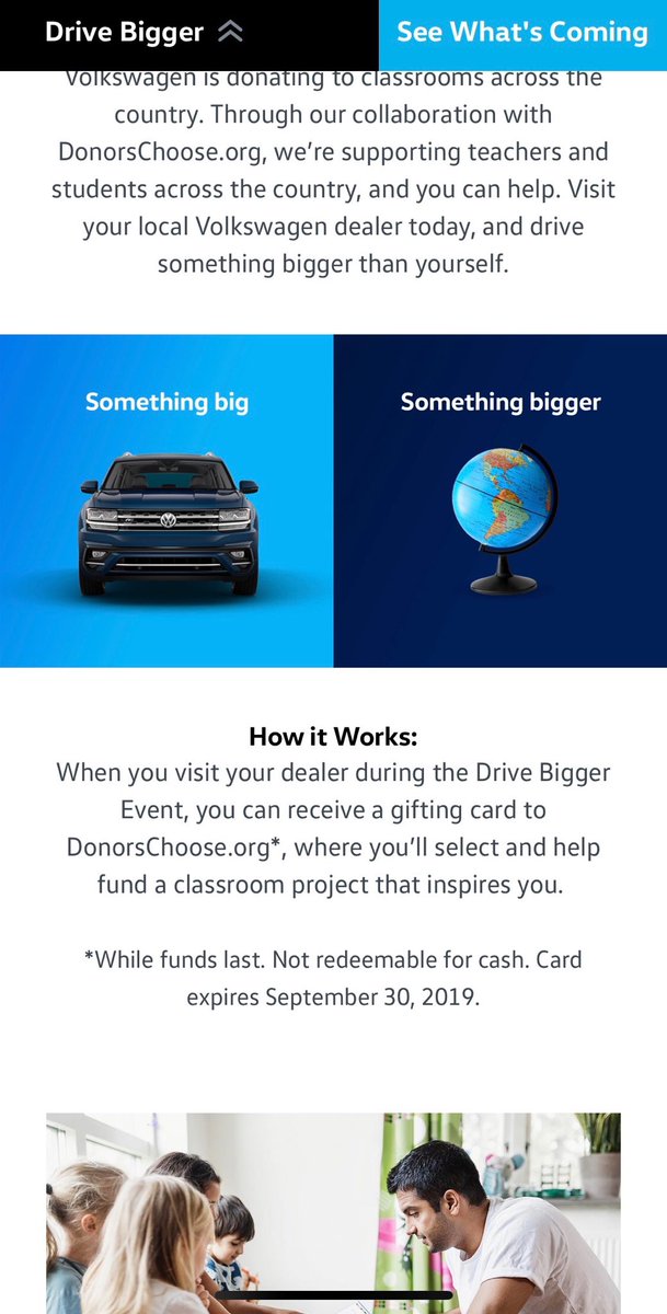 ⁦@JoleeMockler⁩ Anyone live near s Volkswagen dealer? They are giving away $20 Donors Choose gift cards. You could then donate to my project or any others! #drivebigger #Volkswagen