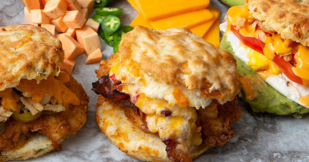 RisePrairieVill's tweet photo. When they say good things come in 3️⃣s... they mean Cheddar, Sweet Potato, and Buttermilk Biscuits, right? https://t.co/J1ly0l5aIY