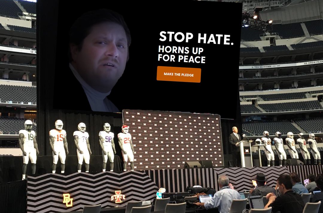 Sometimes you have to sit back and remember how we got here. Special thanks to <a href="/Big12Conference/">Big 12 Conference</a> and Commissioner Bob Bowlsby for the recognition. hornsupforpeace.org
