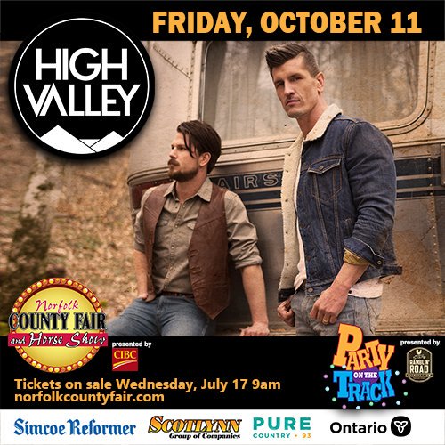 We're excited to announce that <a href="/HIGHVALLEY/">HIGH VALLEY</a> will be performing on our grandstand stage Friday, October 11! Tickets on sale Wednesday, July 17 9am with exclusive access to #PartyOnTheTrack at norfolkcountyfair.com #NCF2019