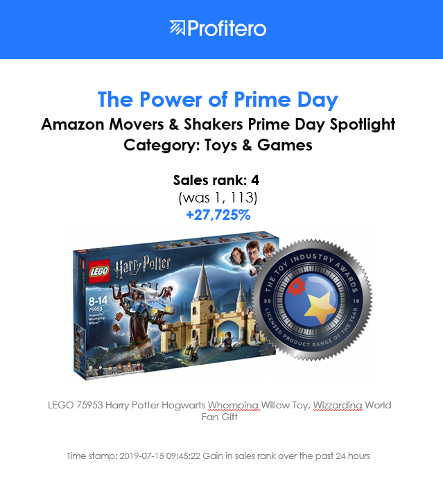 LouisRolfe1's tweet photo. #PrimeDay has some huge movers in Toys &amp; Games. This Harry Potter Lego set has jumped over 1000 places - is there magic involved?!? #ProfiteroPrimeDayWatch #Profitero https://t.co/fjsVFGywEJ