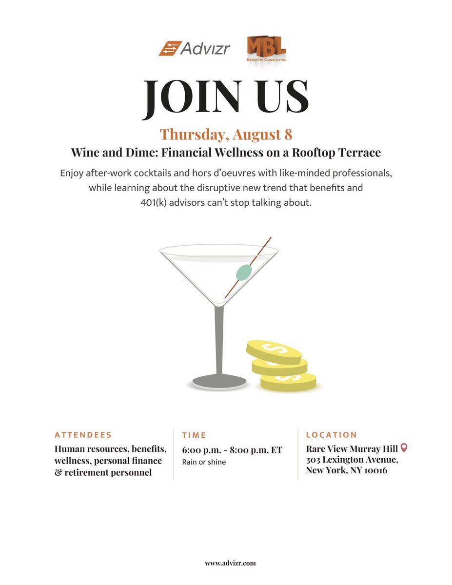 Join us on August 8 for cocktails, networking and financial wellness on one of NYC's best rooftops! If you're a professional in the #personalfinance, #retirement, #HR, #benefits or #wellness space, we'd love to see you there. RSVP here: bit.ly/2O5JY9Y?