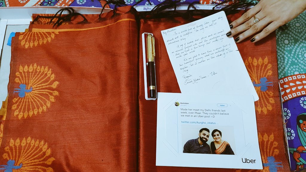 You guys!  @Uber's social media team = MVPs!They sent her a saree and a pen for me. The lovely handwritten letter is going to be the wind beneath our wings for years to come. Thank you all for sharing this lovely story of mine. Day, regardless to say, is made. @Uber_Delhi