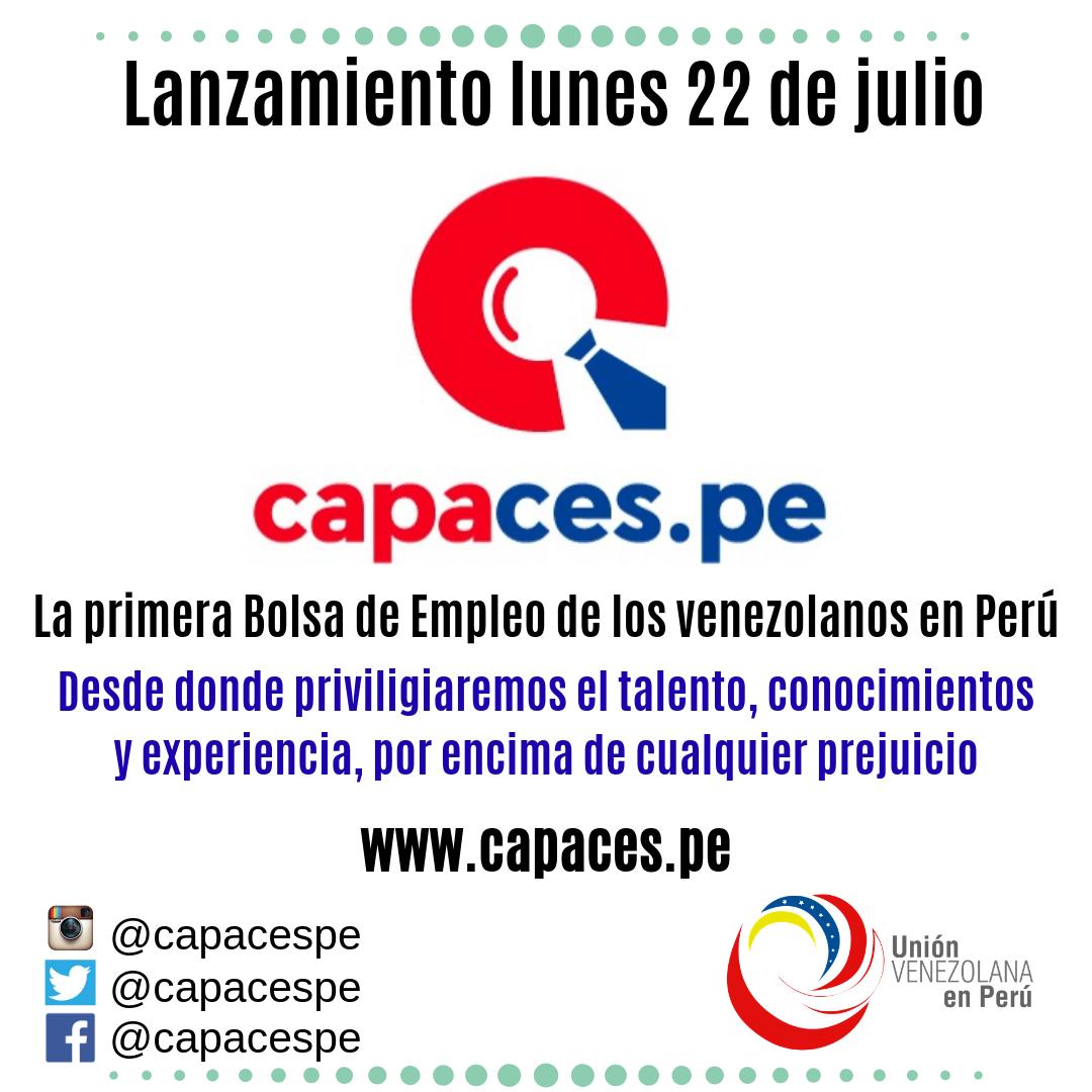 capacespe's tweet image. El día lunes 22 de julio de 2019, lanzaremos formalmente la primera Bolsa de Empleos sin prejuicios del Perú. Administrada por profesionales venezolanos que apuestan, con humildad, a colocar su talento y experiencia al servicio del desarrollo del Perú