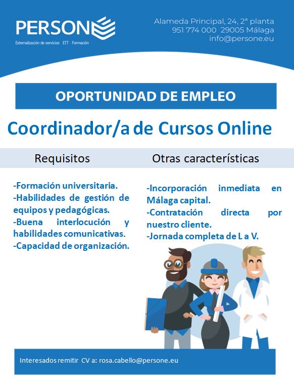 Persone_eu's tweet photo. Buscamos un Coordinador/a de Cursos Online
Incorporación inmediata.
Contratación directa por nuestro cliente.

#elearning #docentes #educatic https://t.co/HsxeQMeH5u