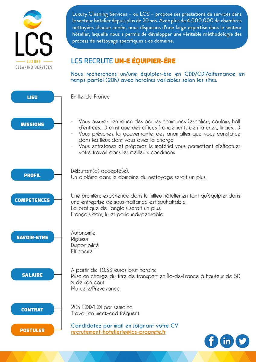 LCS_LUXURY's tweet photo. @LCS_LUXURY recrute un/une équipier-ère en CDD/CDI/alternance à temps partiel (20h) avec horaires variables selon les sites.

Candidatez par mail en joignant votre CV : 
👉 recrutement-hotellerie@lcs-proprete.fr

#recrutement #emploi #hotellerie #nettoyage https://t.co/GaKs2vrVtI