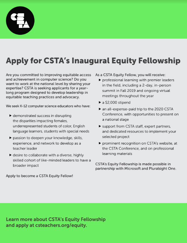 Are you committed to improving equitable access and achievement in computer science? Do you want to work at the national level by sharing your expertise? Apply to become a CSTA Equity Fellow! csteachers.org/equity #CSforAll #equity #CSTA2019 #InfyPathfinders