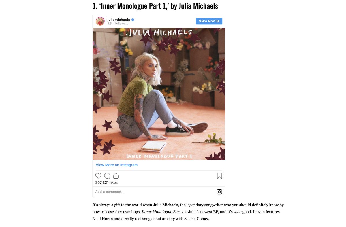 JMichaelsHQ's tweet photo. "It’s always a gift to the world when @juliamichaels releases her own bops" and according to @CosmoMiddleEast, Julia's #InnerMonologuePart1 is the best album of 2019...So Far!
Check out the complete "The 11 Best Albums Of 2019...So Far" list here: https://t.co/Tt4290gjBs https://t.co/PfL6bW6km2