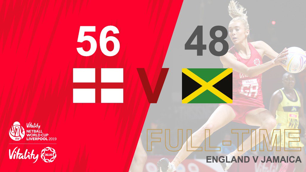 EnglandNetball's tweet photo. What a performance 👏 

The @MandSBankArena are on their feet after the Vitality Roses deliver an incredible display to come out on 🔝 in a fiercely competitive battle with Jamaica!

#ItsUsItsNow #RosesRISING 🌹 https://t.co/ONxKleKMJ0