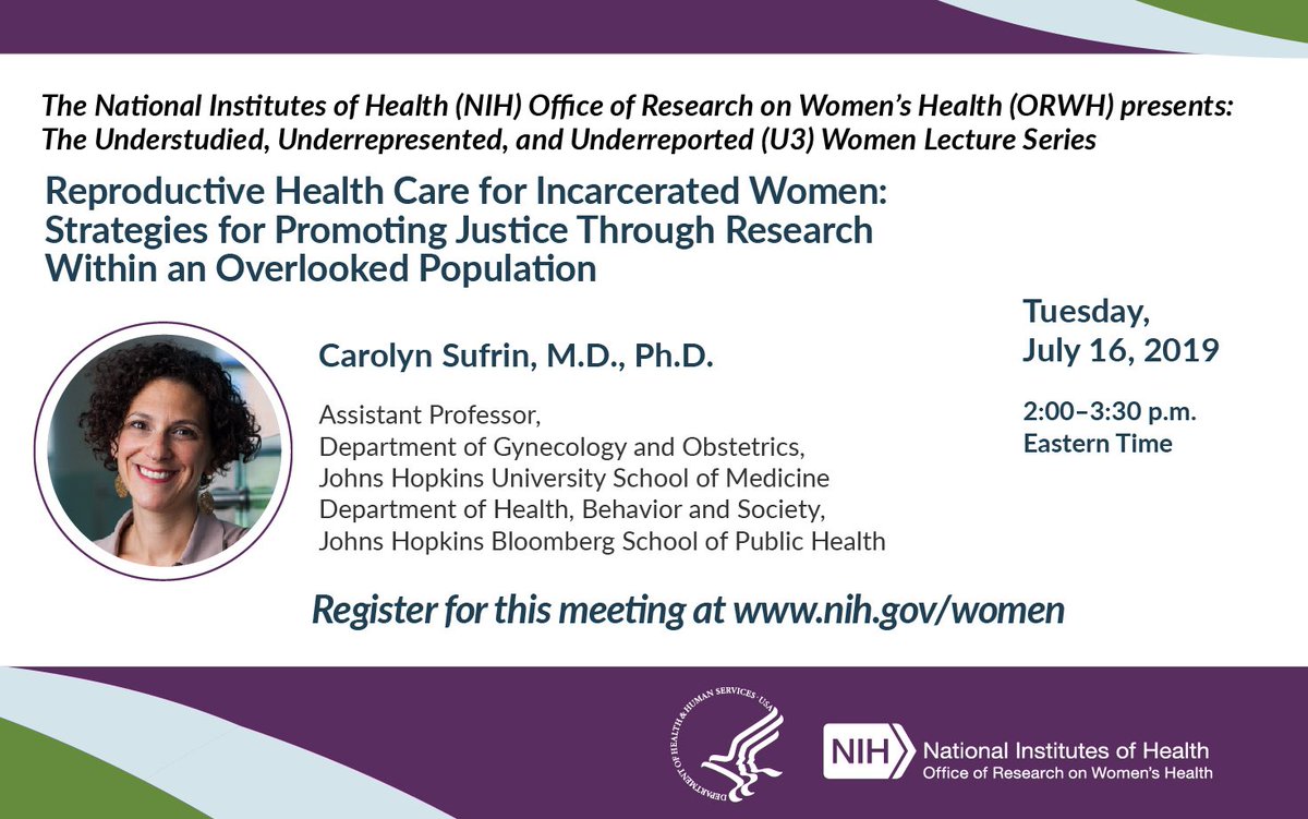 Join ORWH tomorrow from 2:00–3:30 p.m. EDT for a webinar on reproductive health care for incarcerated women, featuring Dr. Carolyn Sufrin of the Johns Hopkins Bloomberg School of Public Health (@JohnsHopkinsSPH). Register at bit.ly/rRqB6. #MaternalIncarceration