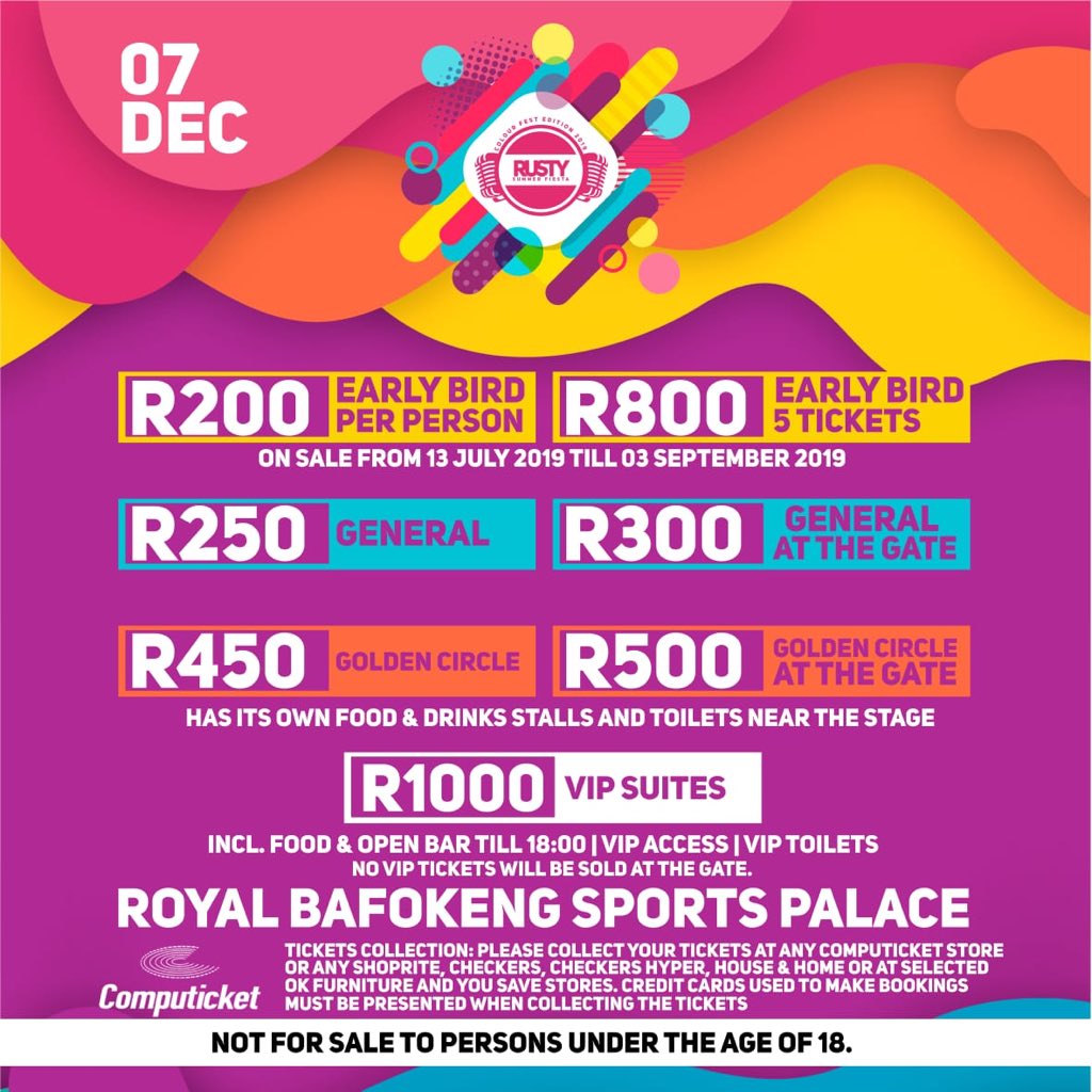 #Rustysummerfiesta2019 (@rusty_fiesta) on Twitter photo Tickets are out now at <a href="/ComputicketSA/">Computicket</a>
EarlyBirds R200.00 buy 5 get the 5th 1 free, 5 4 R800.00, you get a branded complementary 12 pack cooler with a 6 pack of either beer or cider upon entry at the stadium!!!
See poster for more info #RSF2019 Tickets are out now at <a href="/ComputicketSA/">Computicket</a>
EarlyBirds R200.00 buy 5 get the 5th 1 free, 5 4 R800.00, you get a branded complementary 12 pack cooler with a 6 pack of either beer or cider upon entry at the stadium!!!
See poster for more info #RSF2019