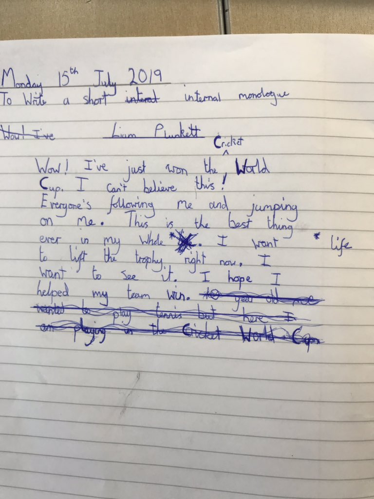 SouthwaterJA_PE's tweet photo. Love these bits of work from some of our Y5s today,inspired by yesterdayβs incredible game,any excuse for Mr Tombling to get to watch those highlights are again!Their task was to write a short piece as Jofra Archer & his thoughts during the super over! @Chance2Shine #CWC19Schools https://t.co/HDjg4wT1mP