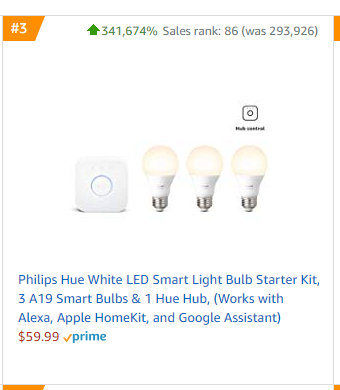 NaderY96's tweet photo. Phillips Hue products with incredible sales rank increases due to their Prime Day deals #ProfiteroPrimeDayWatch #Amazon #PrimeDay #PrimeDay2019 https://t.co/VL6PLmZKzN