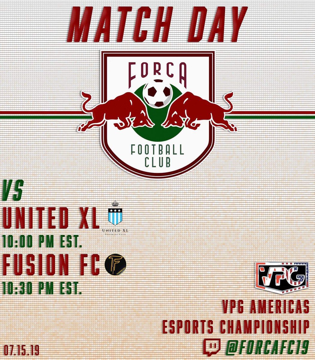 ForcaFC19's tweet photo. 📣 FORCA Match Day!

GAME 1
🏠 🆚 @United_XL 
⏰ 10:00 pm EST.

GAME 2
🏠 🆚 @xFusionFC 
⏰ 10:30 pm EST.

Catch the team live on https://t.co/vy3981QaFU

#ForcaFC #VPG #FIFA19 #ProClubs
#WhereTheChampionsPlay https://t.co/gEJEYiZrYd