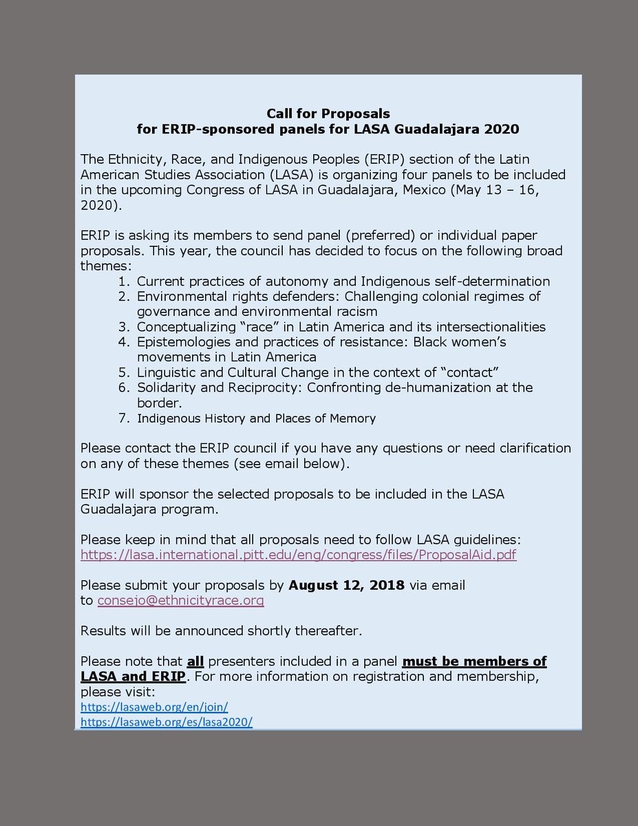Ethnicity, Race & Indig. Peoples (@erip_lasa) on Twitter photo .<a href="/ERIP_LASA/">Ethnicity, Race & Indig. Peoples</a> is organizing four #LASA2020 panels.
We ask our members to send us panel (preferred) or individual paper proposals focusing on the following broad themes.... .<a href="/ERIP_LASA/">Ethnicity, Race & Indig. Peoples</a> is organizing four #LASA2020 panels.
We ask our members to send us panel (preferred) or individual paper proposals focusing on the following broad themes....