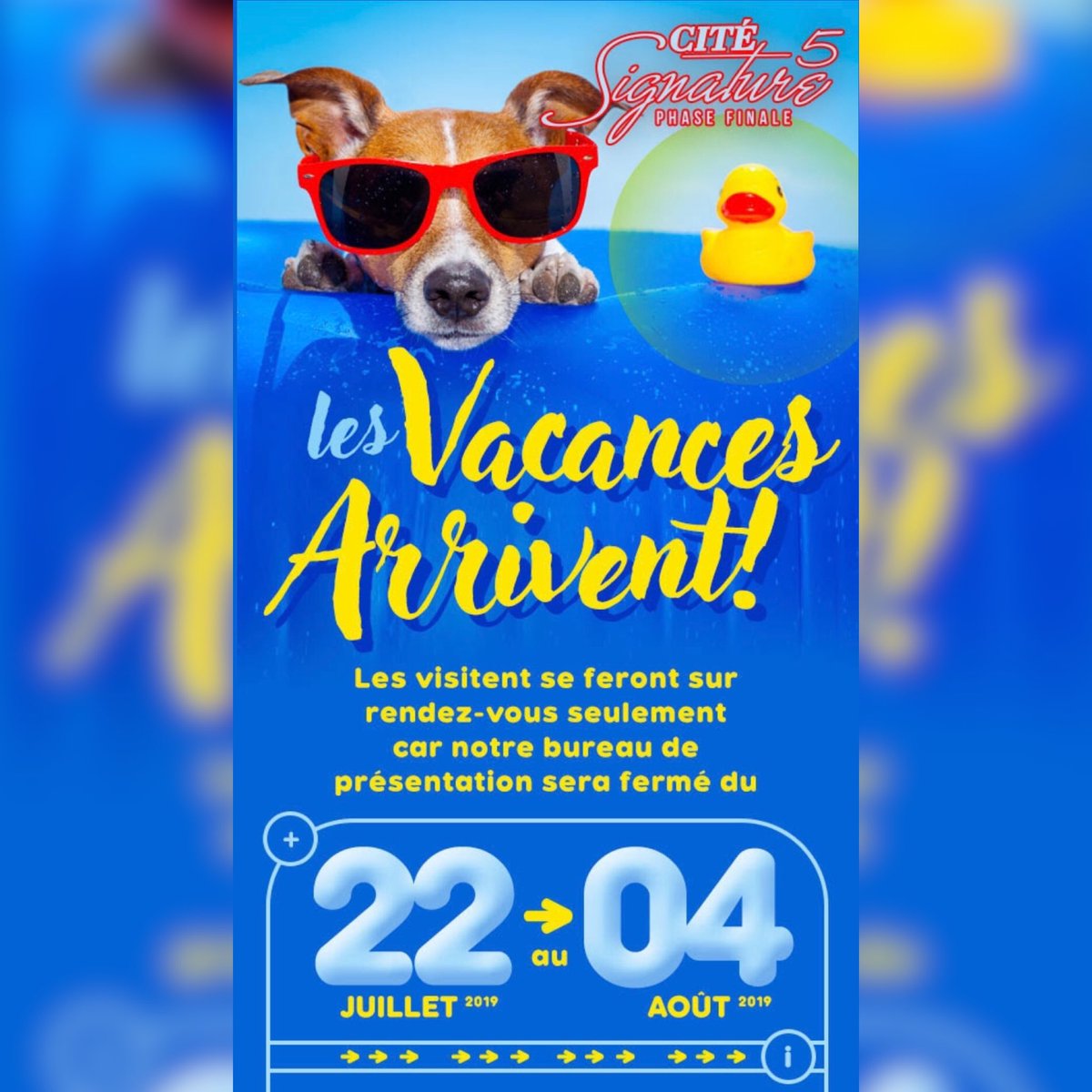 Cite_Signature's tweet photo. Les vacances arrives ! Les visites se feront sur rendez-vous seulement car notre bureau de présentation sera fermé du 22 juillet au 4 août 2019.

Condos Cité Signature
10050 Place de l'Acadie
Montreal, Quebec
(514) 331-1177
https://t.co/BxpbepTGvt

#condoahuntsic
#citesignature https://t.co/cM5U6X9zAz