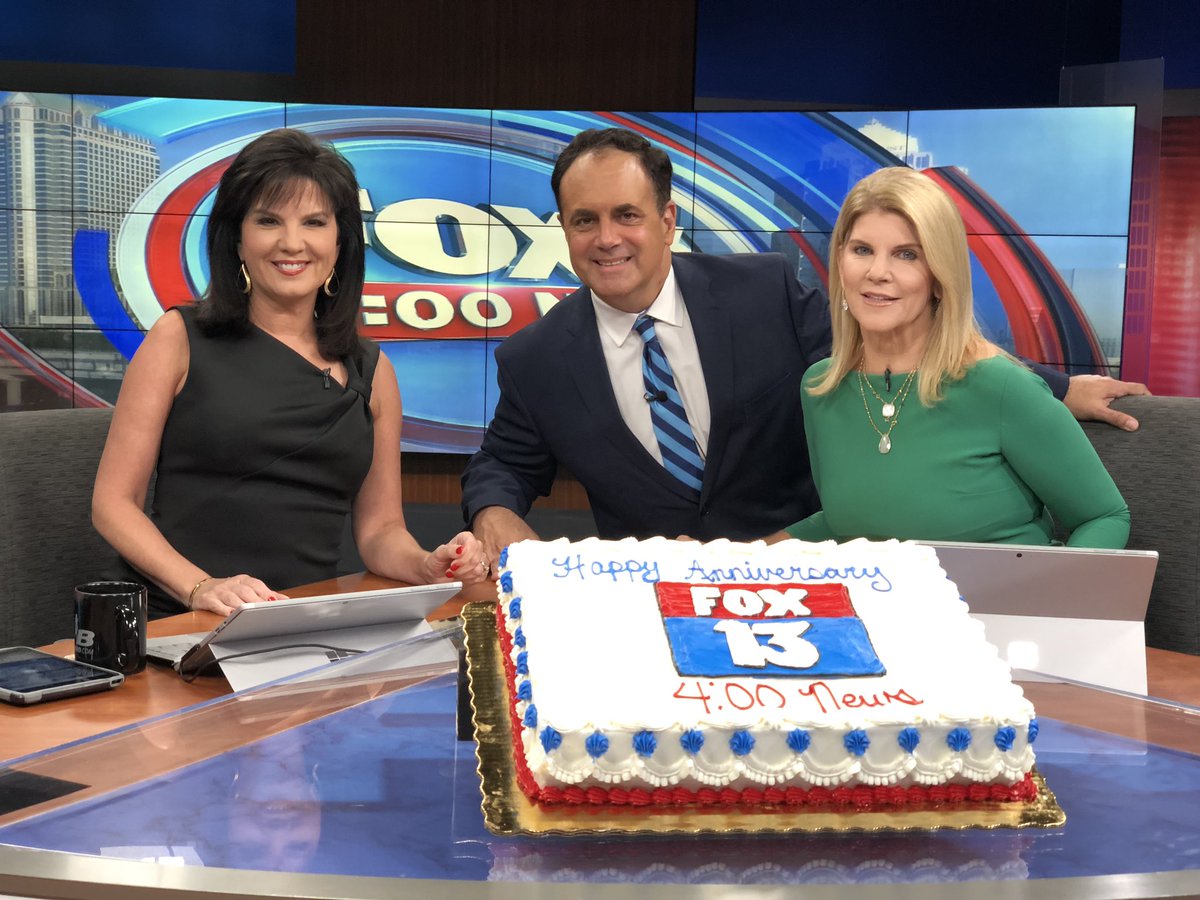 PaulFox13's tweet photo. Let there be cake!! One year anniversary of the big @FOX13News  News at 4!  Thanks for watching and making us number one! @LindaHurtadoFOX @KellyRingFox13 https://t.co/6KvamXPhyJ
