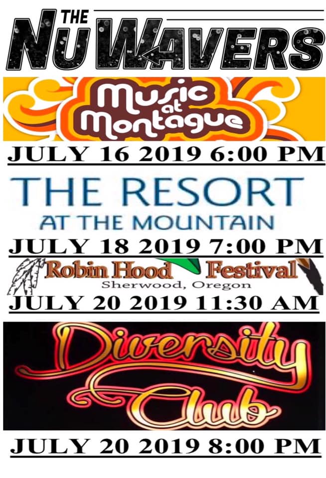nuwavers's tweet photo. Nu Wavers are at:

July 16 2019 6 PM
Music at Montague 
Villebois Summer Concerts 
Wilsonville, OR

July 18 2019 7 PM
Resort at the Mountain
Welches, OR

July 20 2019 11:30 AM
Robin Hood Festival
Sherwood, OR

July 29 2019 8 PM
Diversity Club
Forest Grove, OR https://t.co/czi4QICDBk
