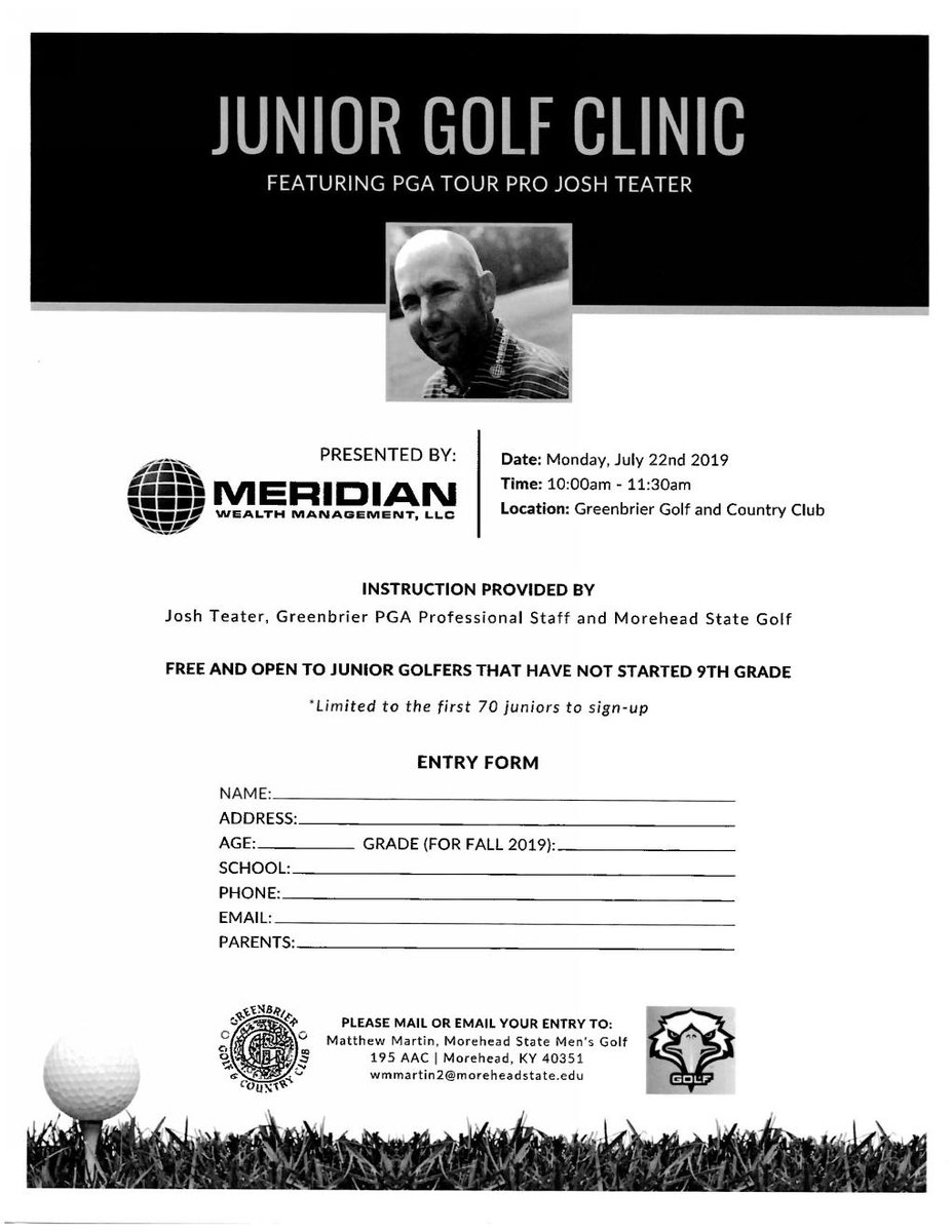 Gilbert-Bunnell Foundation (@gbf_golf) on Twitter photo DON'T MISS THIS AWESOME OPPORTUNITY! <a href="/jteater12/">Josh Teater</a> is giving a FREE JUNIOR CLINIC on the Monday following the Barbasol!!!!!
Open to anyone who has NOT yet started 9th grade. Space is limited-get your entry in ASAP!
Monday, July 22nd - 10:00-11:30am <a href="/GreenbrierGCC/">Greenbrier G&CC</a> <a href="/CoachMartinMSU/">Matthew Martin</a> DON'T MISS THIS AWESOME OPPORTUNITY! <a href="/jteater12/">Josh Teater</a> is giving a FREE JUNIOR CLINIC on the Monday following the Barbasol!!!!!
Open to anyone who has NOT yet started 9th grade. Space is limited-get your entry in ASAP!
Monday, July 22nd - 10:00-11:30am <a href="/GreenbrierGCC/">Greenbrier G&CC</a> <a href="/CoachMartinMSU/">Matthew Martin</a>