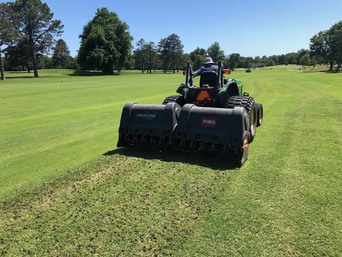CRgreenside's tweet photo. We are poking lots of holes today. Cores in the rough, solid deep tine in the fairways, and needle tines on greens.  A messy but necessary process. 

#Aerification #WCC #Summer #NoPainNoGain #Breathe #OneDreamOneTeam #TweetForTheMembers #RelievingCompaction https://t.co/Mfu9gI8IoX