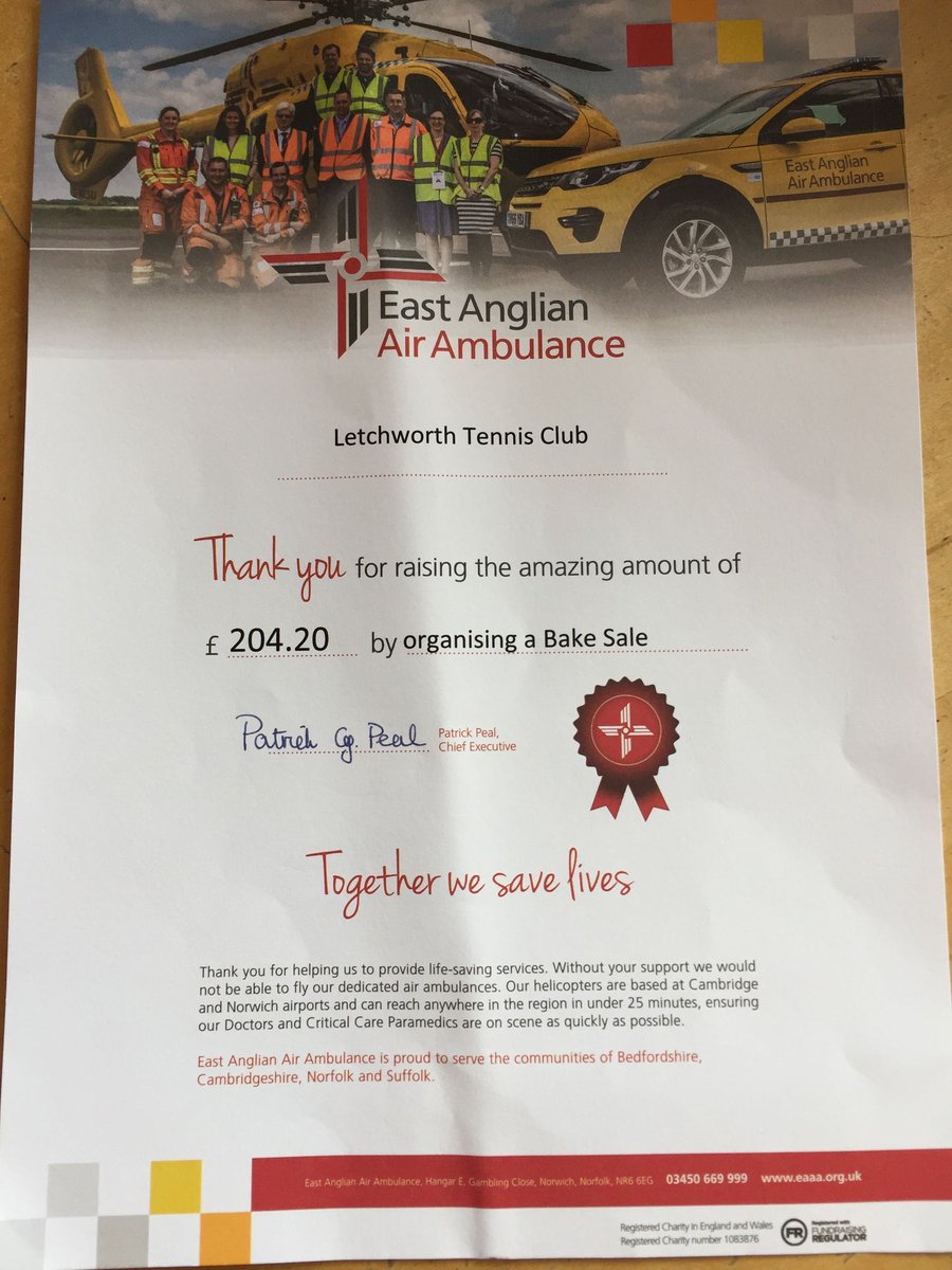 This official certificate arrived at the Club today - a thank you for everyone who helped with the Cake Bake we held in June. It raised £204 for our Charity of the Year, East Anglian Air Ambulance. Watch this space for our next event to boost funds for the charity.