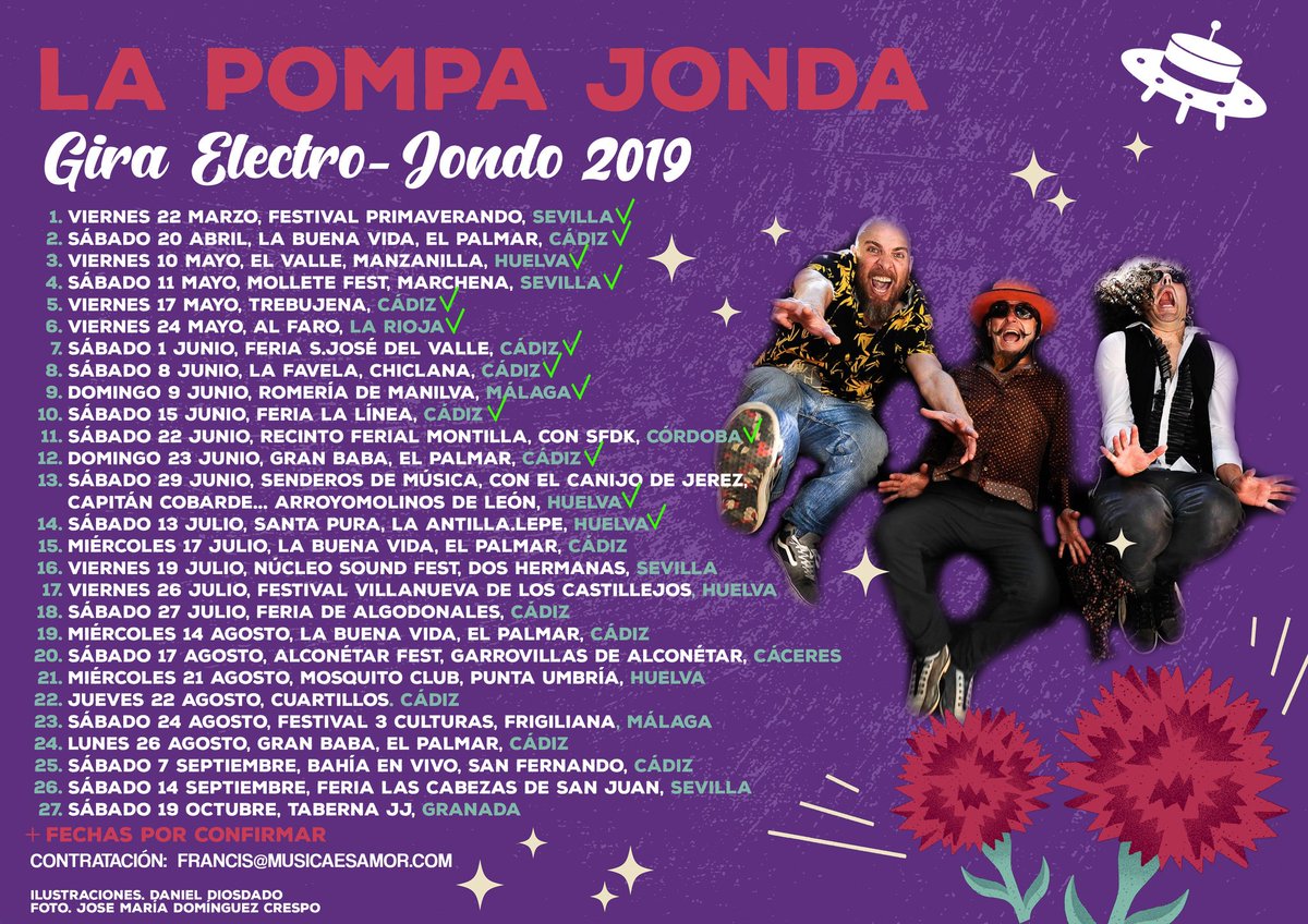 Nos vemos Miércoles, Jueves y Viernes en BUENAVIDA #elpalmar, PHIPHI #PuertoSherry y NÚCLEO SOUND FEST #DosHermanas 
.
#LaPompaJonda #Gira #ElectroJondo