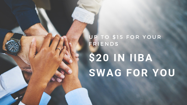 IIBA's tweet photo. Here's some IIBA swag for you! When you invite a friend to join IIBA, your friend will get up to $15 USD off their Membership Activation fee and you'll get $20 in IIBA swag. Offer ends August 31st, 2019!
More details here: https://t.co/Zx6Fo7RrpB 
#JoinIIBA #baot #BusinessAnalyst https://t.co/G7iWQHTUXQ
